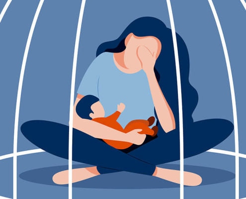 Graphic of woman with baby in a bird cage