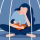 Graphic of woman with baby in a bird cage