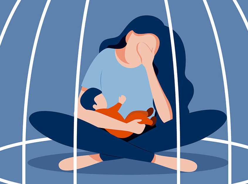 Graphic of woman with baby in a bird cage
