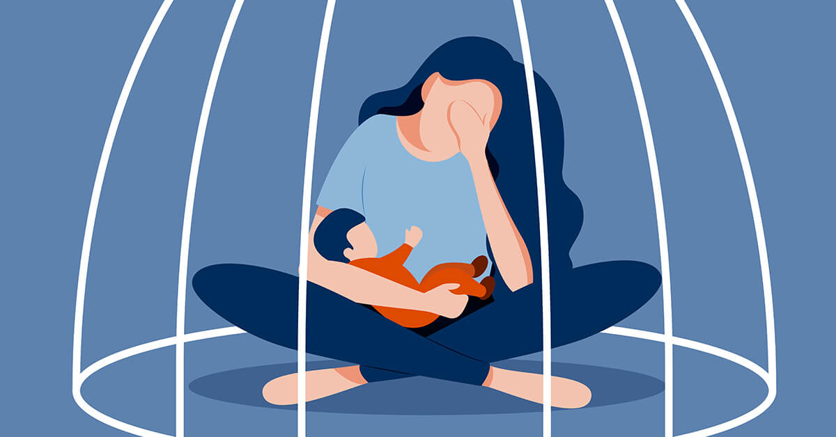 Graphic of woman with baby in a bird cage